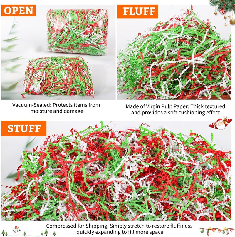 QOIUSO 8oz Christmas Crinkle Paper Filler — 1/2LB Red, Green & White Shredded Raffia/Crinkle Cut Paper for Gift Baskets, Boxes, Bags & Holiday Packaging — Fluffable Reusable Basket & Box Filler - Image 2